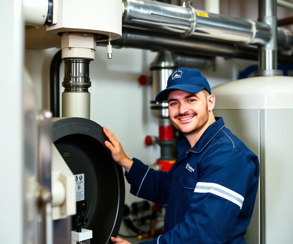 Professional plumber inspecting a modern boiler in a mechanical room